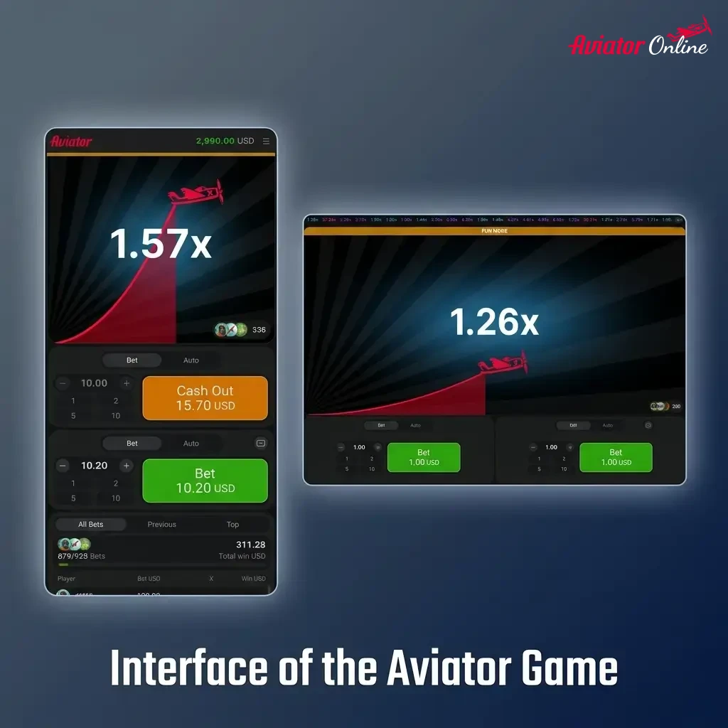 Aviator game interface showing animated plane, live multiplier, bet panel with cash-out button and auto-bet settings